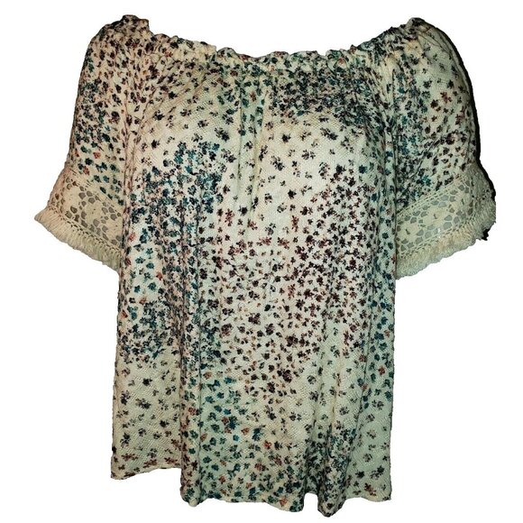 HIP Boho Top Womens L Crochet Fringe Trim Off Shoulder Sheer Floral Blouse - Picture 1 of 12